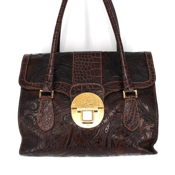 ETRO Pegaso Brown Leather Embossed Floral Paisley Crocodile Print Handbag Tote - Picture 1 of 9